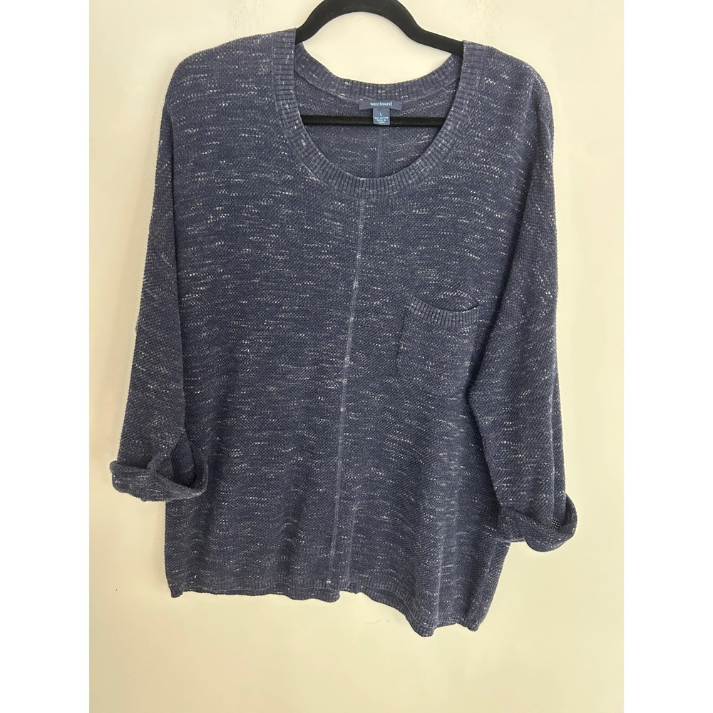 Womens Navy Blue Marled 100% Cotton Knit Scoop Neck Pocket Soft Sweater Size L